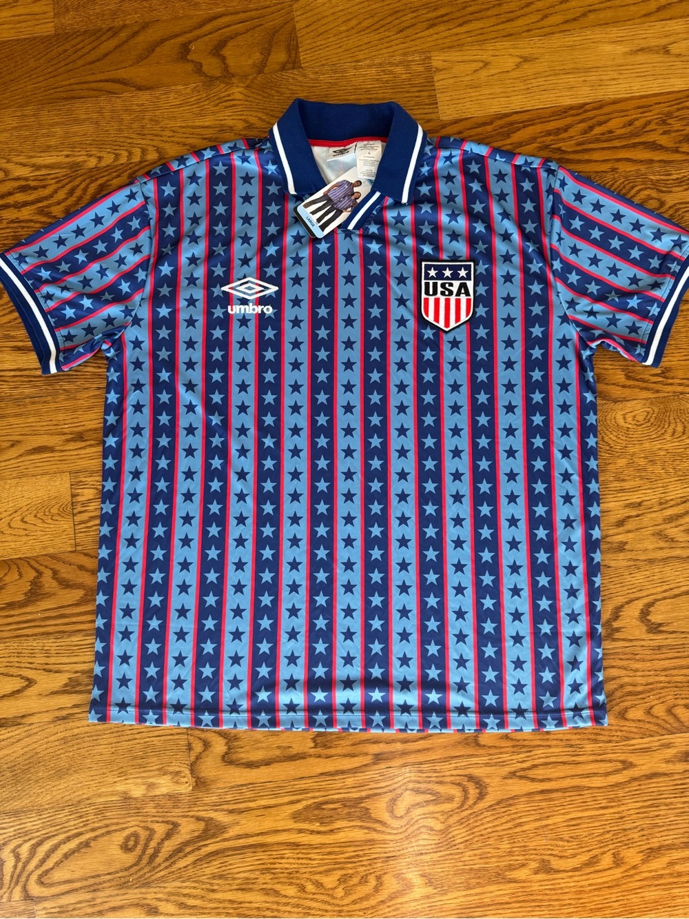 Umbro USA Light Blue and Navy Star-Striped Polo Shirt